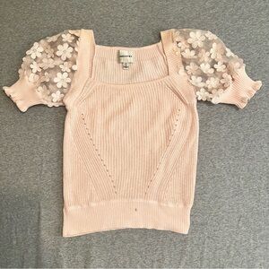Industry Republic Pink Floral Puff Sleeve Ribbed Knit Top Square Neck Size M